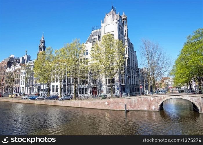 City scenic from Amsterdam in spring in the Netherlands with the Westerkerk
