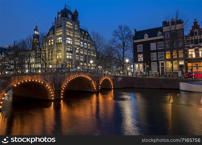 City scenic from Amsterdam in the Netherlands at night