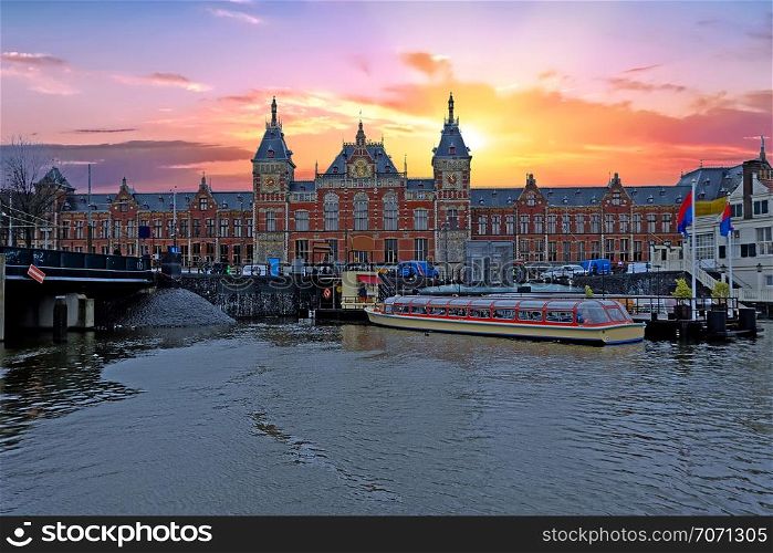 City scenic from Amsterdam in the Netherlands with the Central Station