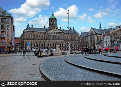 City scenic from Amsterdam in the Netherlands with the Dam Square