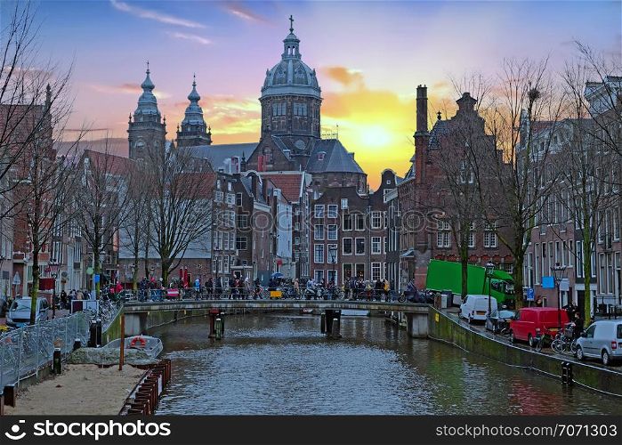City scenic from Amsterdam in the Netherlands with the Nicolaas church