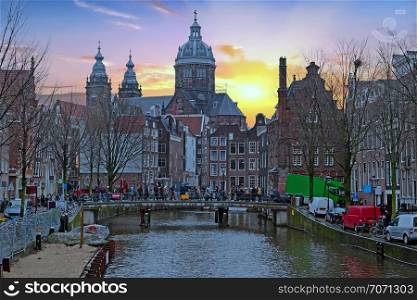 City scenic from Amsterdam in the Netherlands with the Nicolaas church