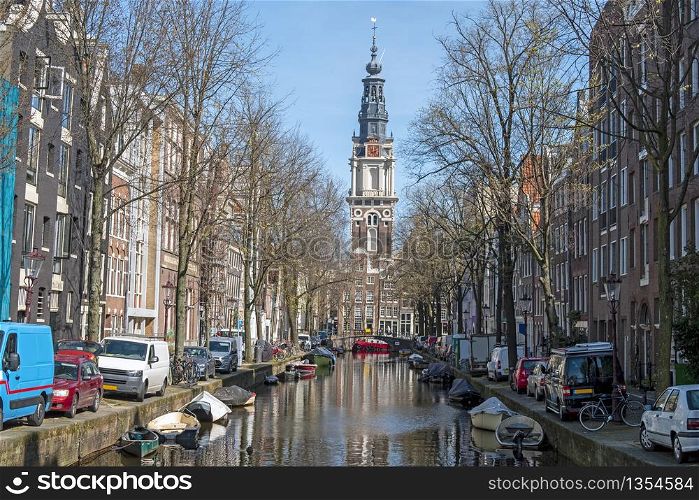 City scenic from Amsterdam in the Netherlands with the Zuiderkerk
