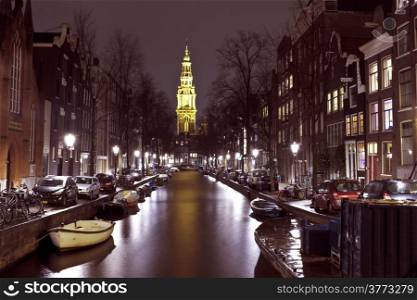 City scenic from Amsterdam in the Netherlands with the Zuiderkerk at night