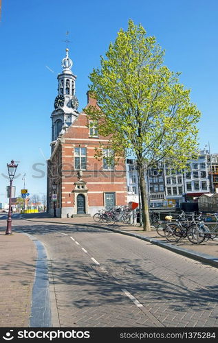 City scenic from Amsterdam with the Munt tower in the Netherlands