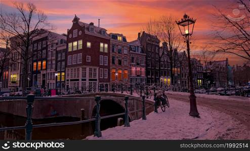 City scenic from snowy Amsterdam in the Netherlands