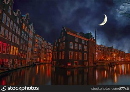City scenic in Amsterdam the Netherlands at night by half moon