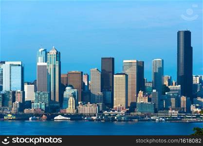 City skyline across Puget Sound, Seattle, Washington State, USA