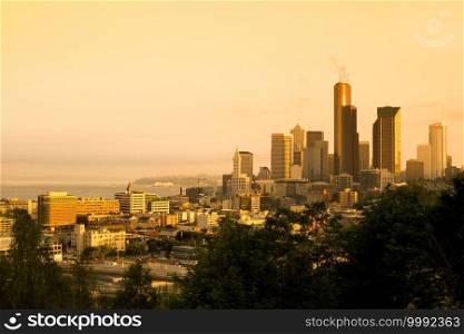 City skyline at sunset, Seattle, Washington State, USA