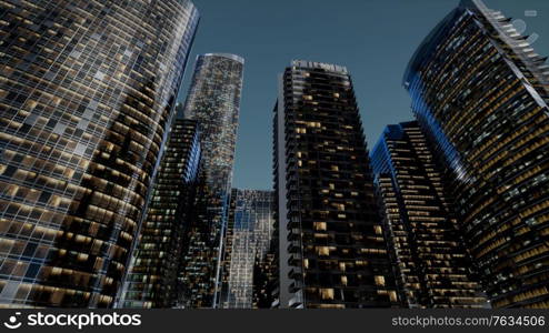 city skyscrapers at night with dark sky