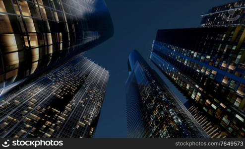 city skyscrapers at night with dark sky