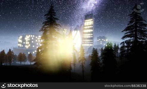 city skyscrapes at night with Milky Way stars