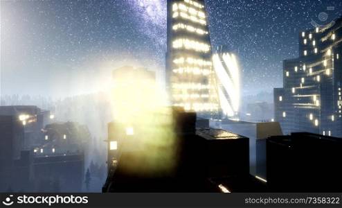 city skyscrapes at night with Milky Way stars