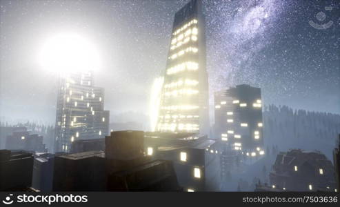 city skyscrapes at night with Milky Way stars