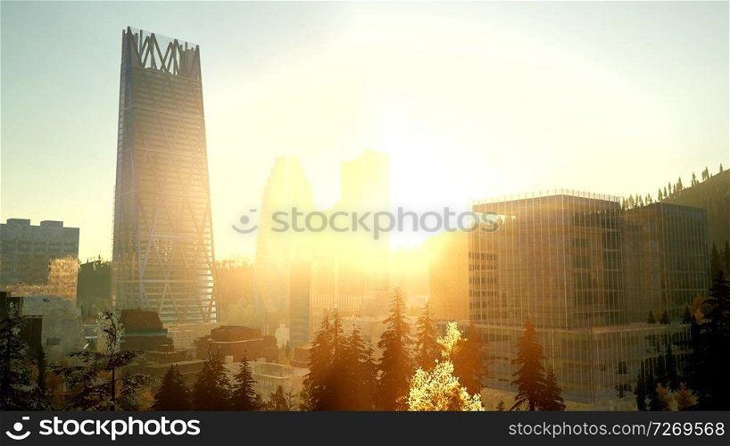 city skyscrapes with lense flairs at sunset