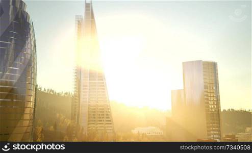 city skyscrapes with lense flairs at sunset