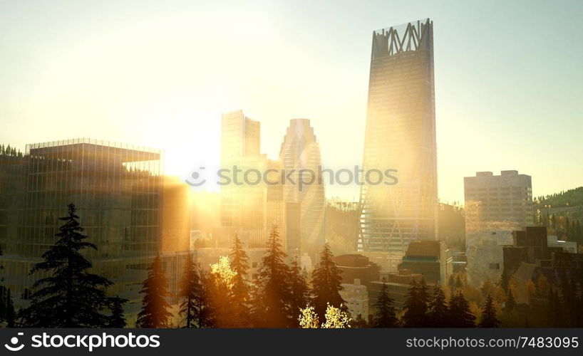 city skyscrapes with lense flairs at sunset