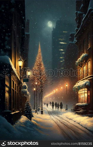 City snowfall night city lights winter street snow buildings Snow