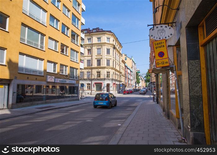 City Stocholm, Sweden. Urban city view, street, peoples and buildings. Travel photo 2018