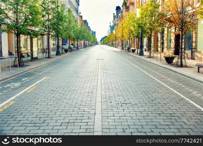 City street with empty morning road with no people in Europe, Lithuania, Vilnius