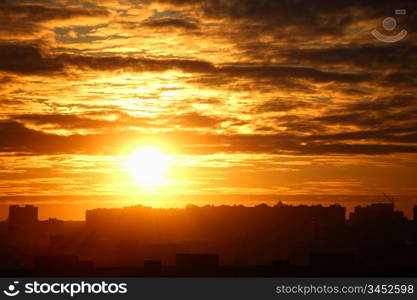 city sunrise close up yellow sky