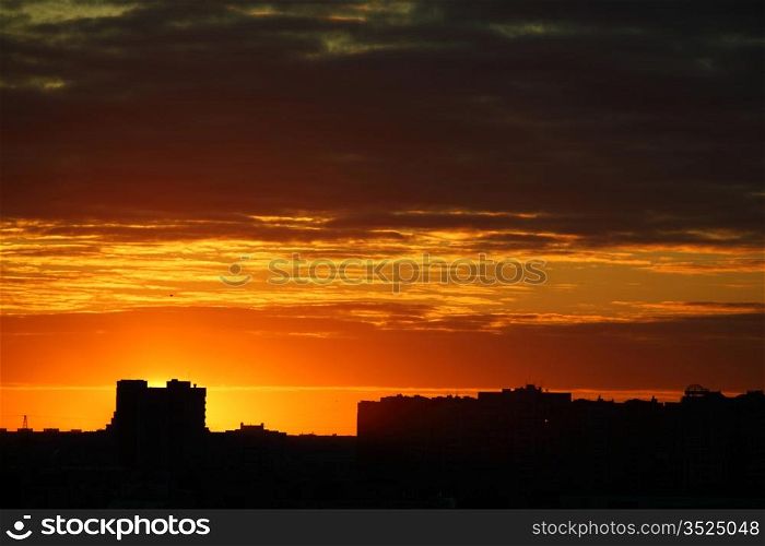 city sunrise close up yellow sky