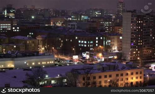 City time lapse at night. Moscow, aerial view. Wide shot, high angle.