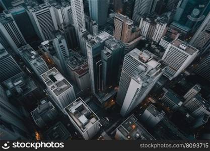  City Top View of Skyscrapers Building by drone . Aerial view cityscape flying above  development buildings, energy power infrastructure Financial and business center created by generative AI 