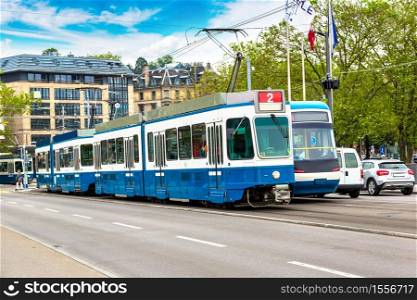 City tram in Zurich in a beautiful summer day, Switzerland