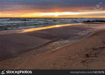 City Tuja, Latvia. Baltic sea with rocks and sand. Travel photo.16.05.2020