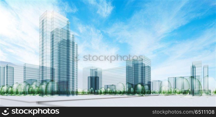 City under sky. City under sky. Transparent 3d rendering modern construction
