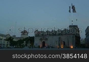 City view of Havana, Cuba. Baroque cathedral and square at night, Iglesia de San Francisco in Habana Vieja. Time-lapse
