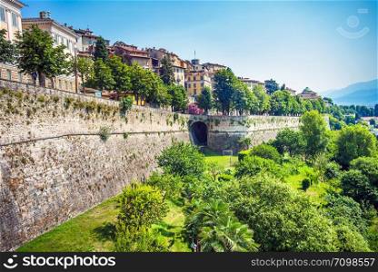 City wall of the old town of Bergamo Lombardy Italy