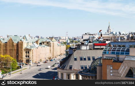 cityscape - above view of Lubyanskaya Square in historical center of Moscow city in sunny spring day