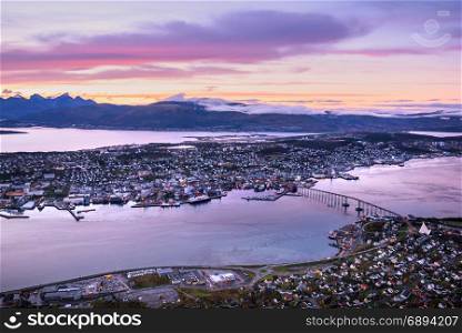 cityscape aerial view of Tromso, Norway, at twilight