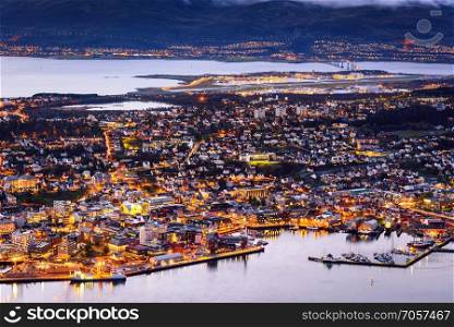 cityscape aerial view of Tromso, Norway, at twilight