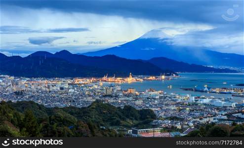 cityscape and shipping port international and fuji mountain background at morning japan
