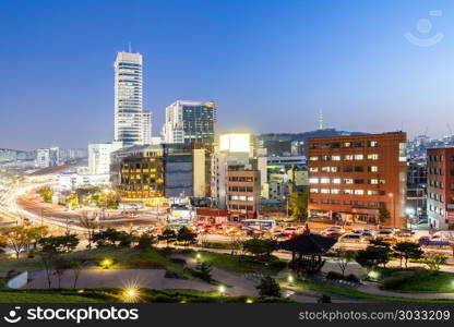 Cityscape at Heunginjimun Dongdaemun gate in Seoul South Korea. Dongdaemun gate Seoul