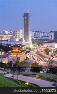 Cityscape at Heunginjimun Dongdaemun gate in Seoul South Korea. Dongdaemun gate Seoul