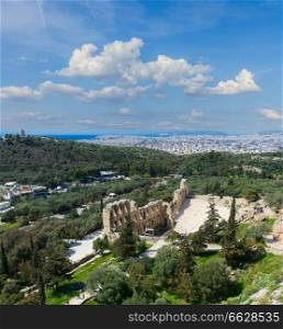 cityscape of Athens of Herodes Atticus amphitheater of Acropolis and blue sky with clouds, Athens, Greece. Herodes Atticus amphitheater of Acropolis, Athens