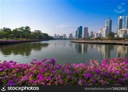 Cityscape of Benjakiti park Bangkok downtown city
