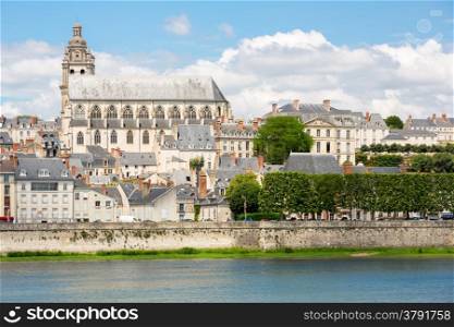 Cityscape of Blois with Cathedral over Loire river France