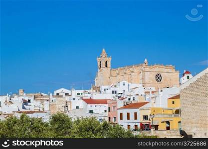 Cityscape of Ciutadella old town with old cathedral domination, Menorca, Spain. The Cathedral was built in the Catalan Gothic style in 1300-1362, Menorca, Spain.