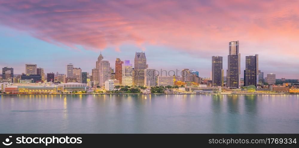 Cityscape of Detroit skyline in Michigan, USA at sunset shot from Windsor, Ontario Canada