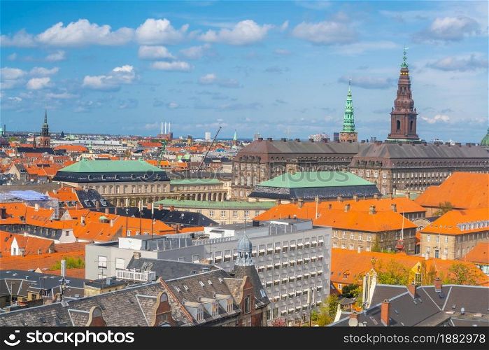 Cityscape of downtown Copenhagen city skyline in Denmark from top view