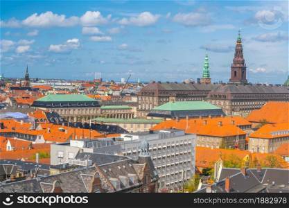 Cityscape of downtown Copenhagen city skyline in Denmark from top view