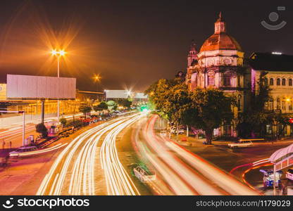 Cityscape of downtown in Yangon at night with traffic light