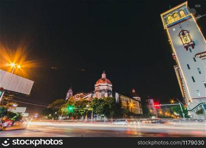 Cityscape of downtown in Yangon at night with traffic light
