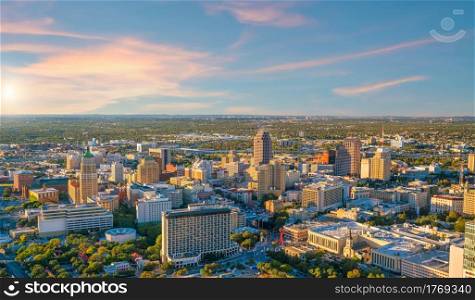 Cityscape of downtown San Antonio in Texas, USA at sunset