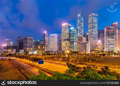 Cityscape of Hong Kong Skylines and skyscraper building with Highway in Hong Kong downtwn area at suset twilight China